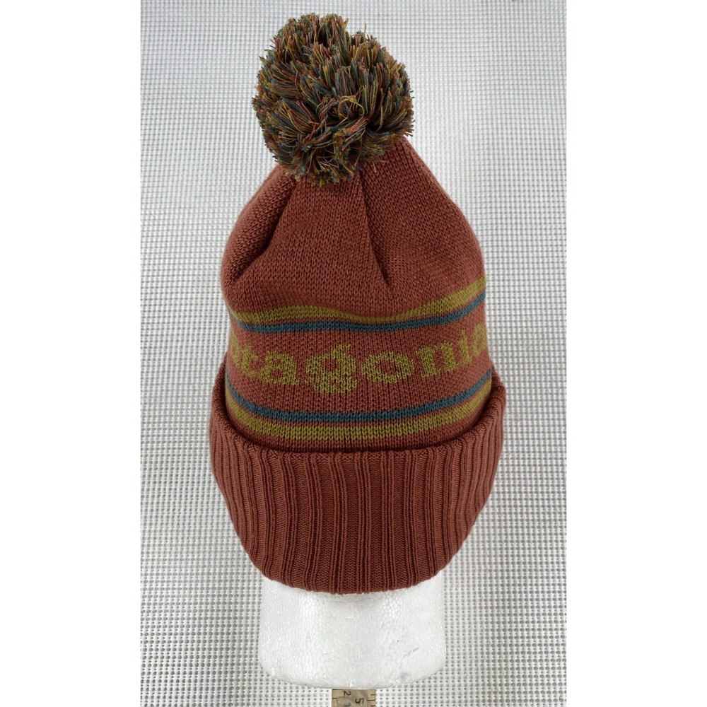 Patagonia Powder Town Pom Beanie Park Stripe Knit Spanish Red - Picture 8 of 9